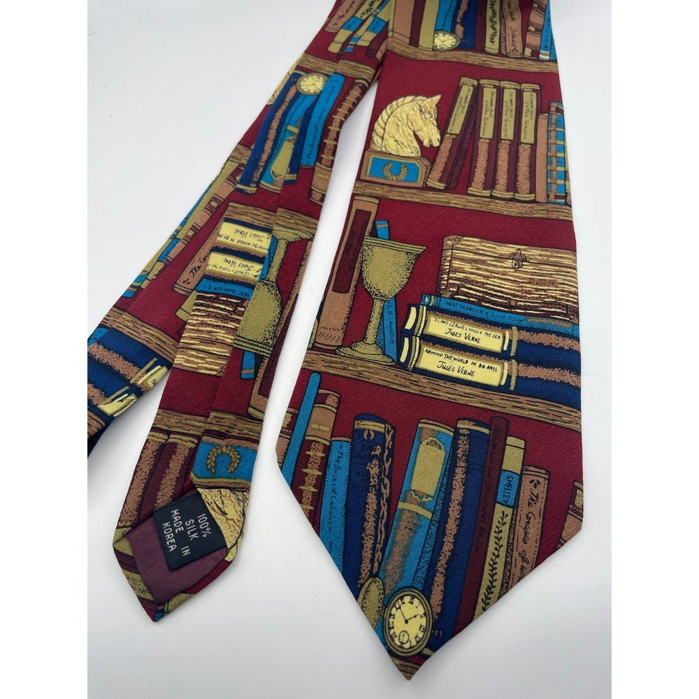 John Morris Men Silk Tie Burgundy Library Bookshelf Literature Jules Verne Horse